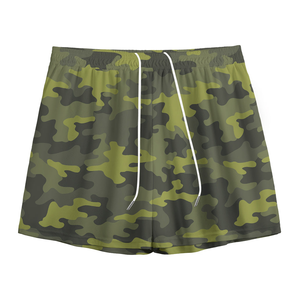 Dark Green Camouflage Print Mesh Shorts