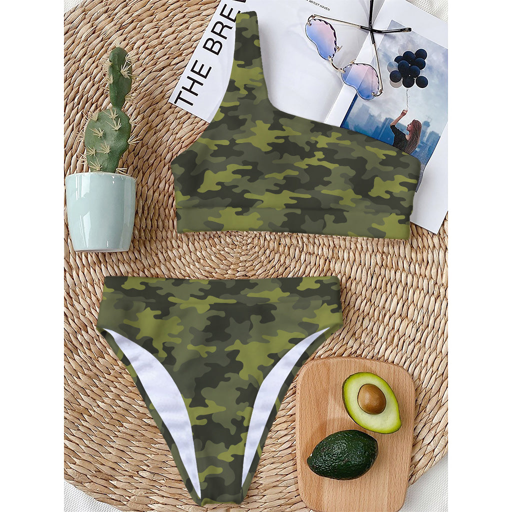 Dark Green Camouflage Print One Shoulder Bikini Top