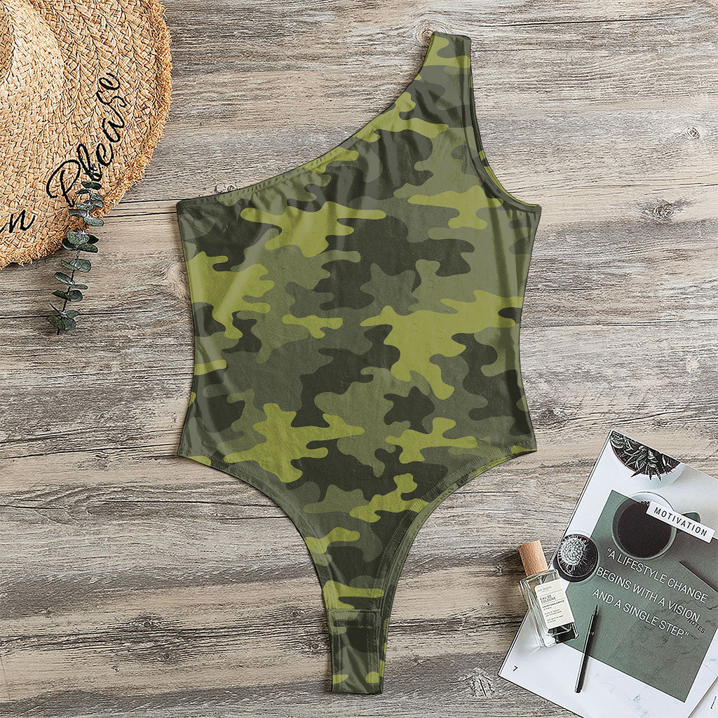 Dark Green Camouflage Print One Shoulder Bodysuit