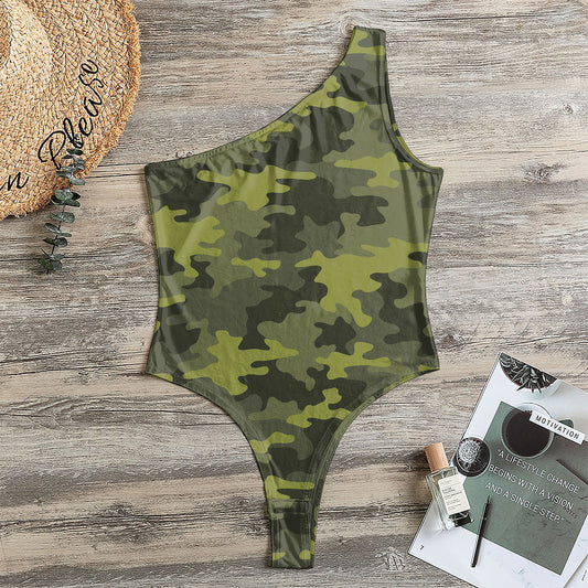 Dark Green Camouflage Print One Shoulder Bodysuit