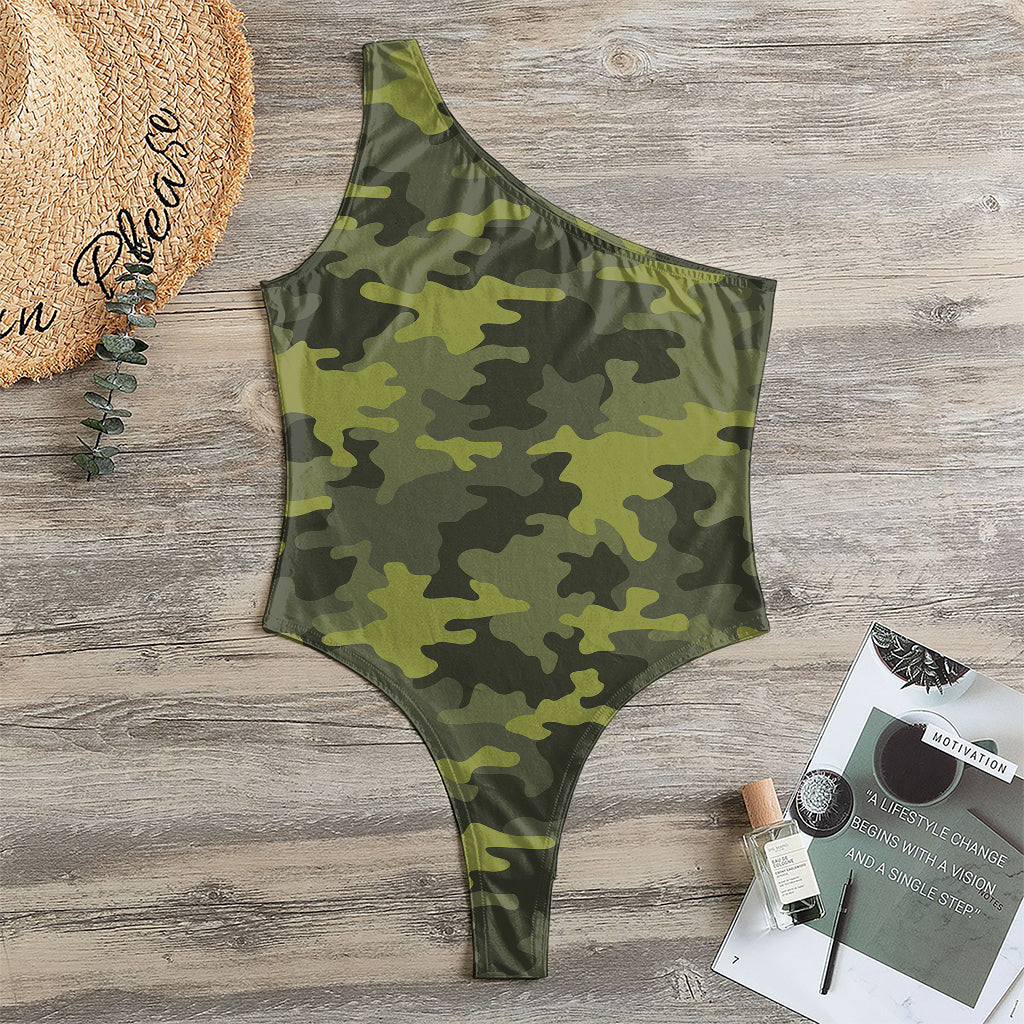 Dark Green Camouflage Print One Shoulder Bodysuit