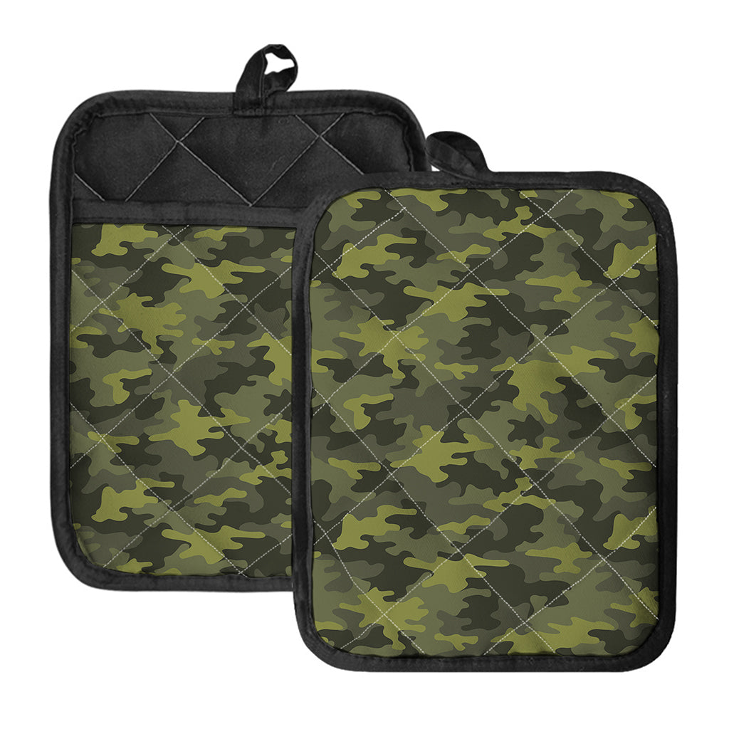 Dark Green Camouflage Print Pot Holders With Pocket