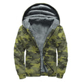 Dark Green Camouflage Print Sherpa Lined Zip Up Hoodie