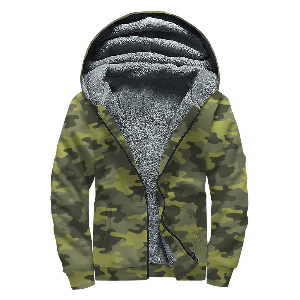 Dark Green Camouflage Print Sherpa Lined Zip Up Hoodie