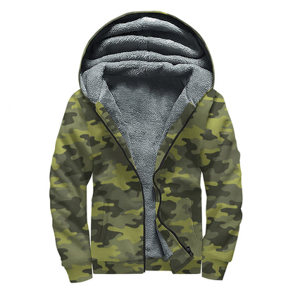 Dark Green Camouflage Print Sherpa Lined Zip Up Hoodie