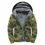 Dark Green Camouflage Print Sherpa Lined Zip Up Hoodie