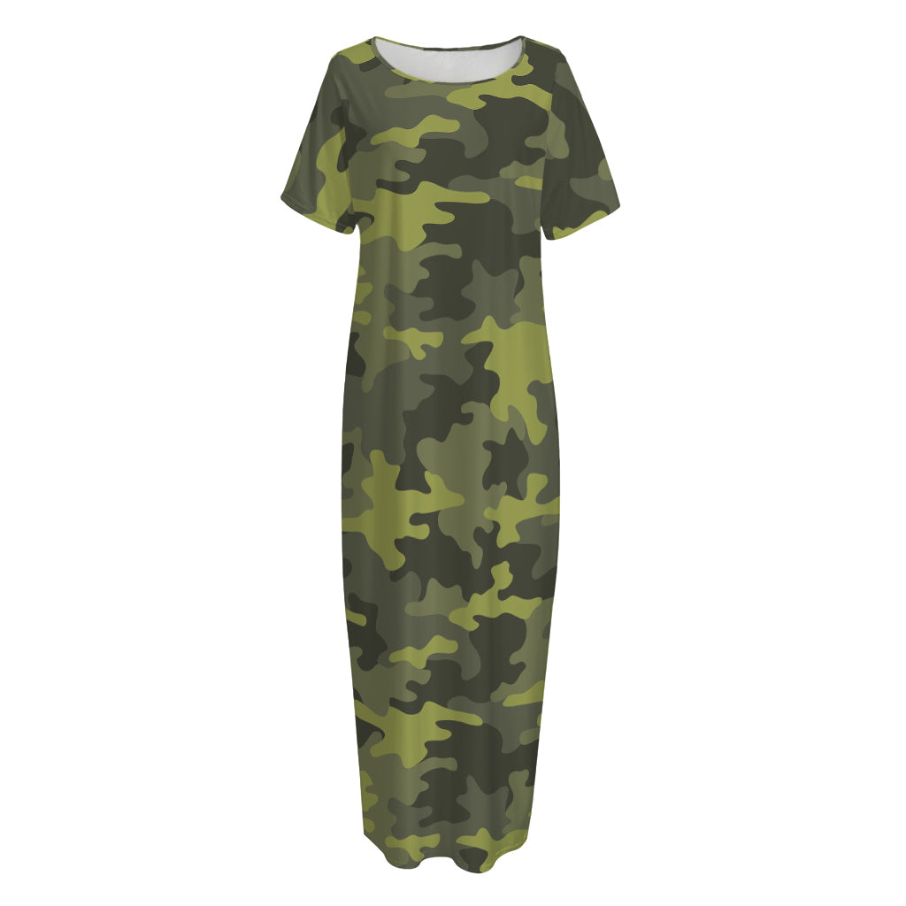 Dark Green Camouflage Print Short Sleeve Long Nightdress