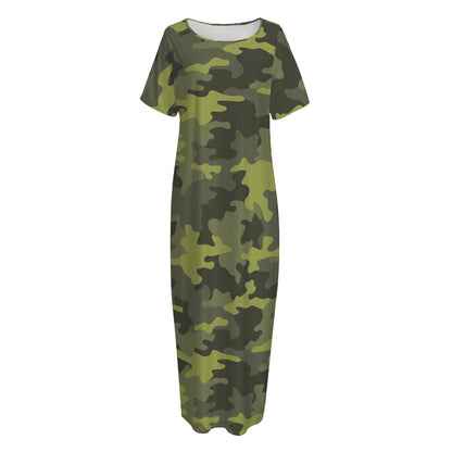 Dark Green Camouflage Print Short Sleeve Long Nightdress