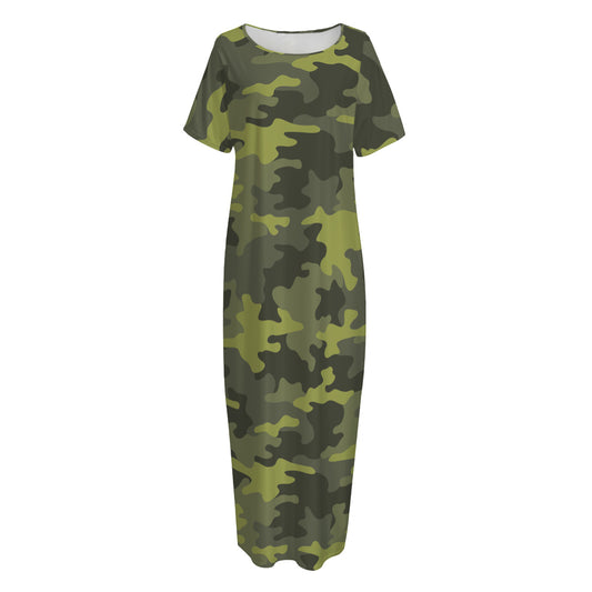 Dark Green Camouflage Print Short Sleeve Long Nightdress