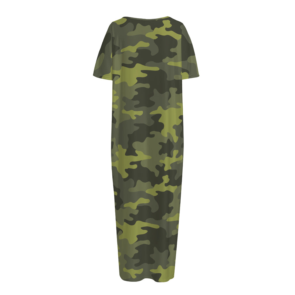 Dark Green Camouflage Print Short Sleeve Long Nightdress