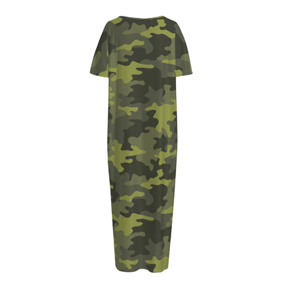 Dark Green Camouflage Print Short Sleeve Long Nightdress