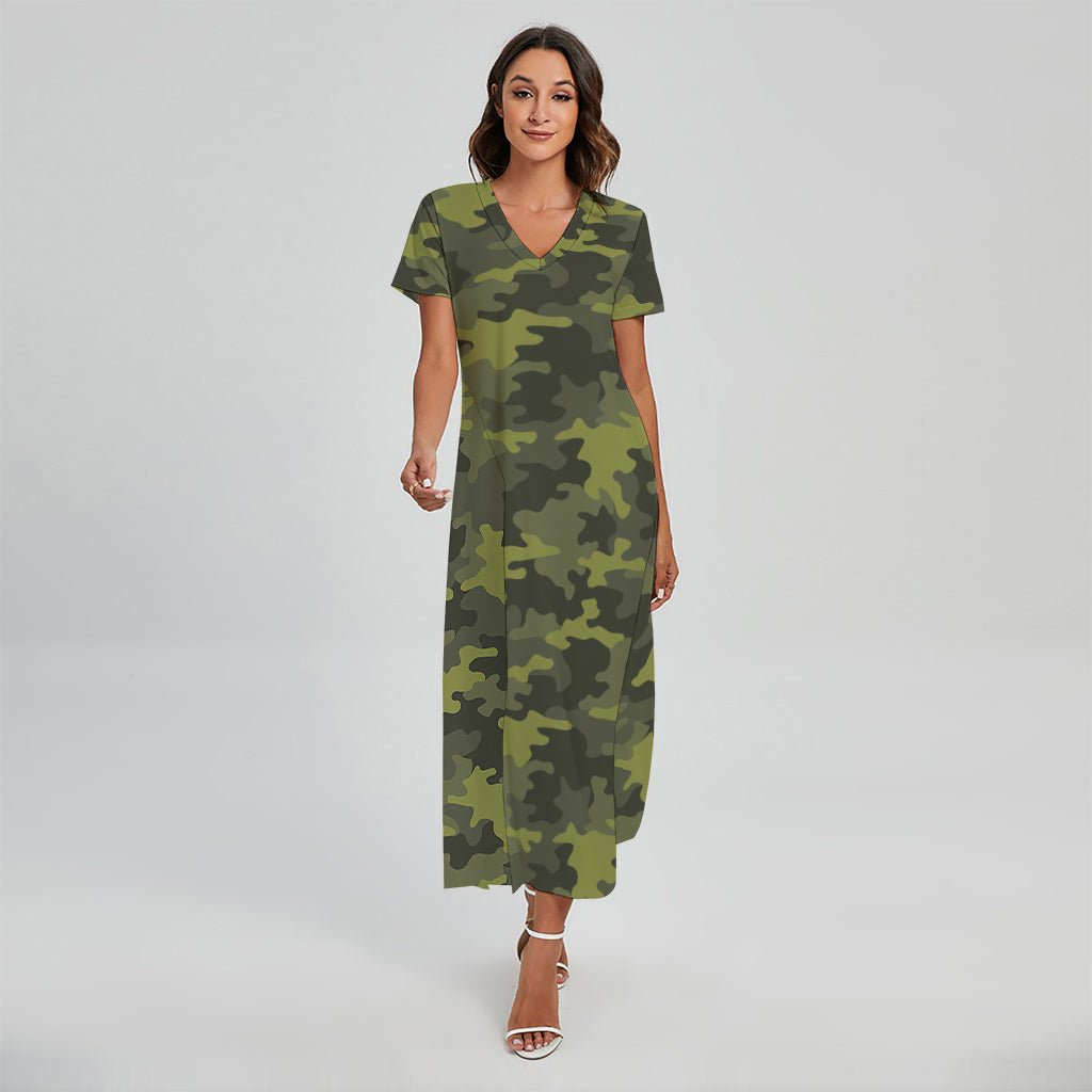 Dark Green Camouflage Print Short Sleeve Maxi Dress