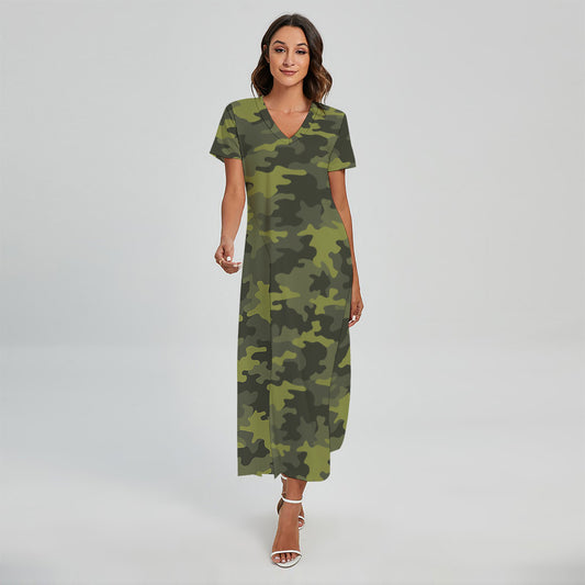 Dark Green Camouflage Print Short Sleeve Maxi Dress