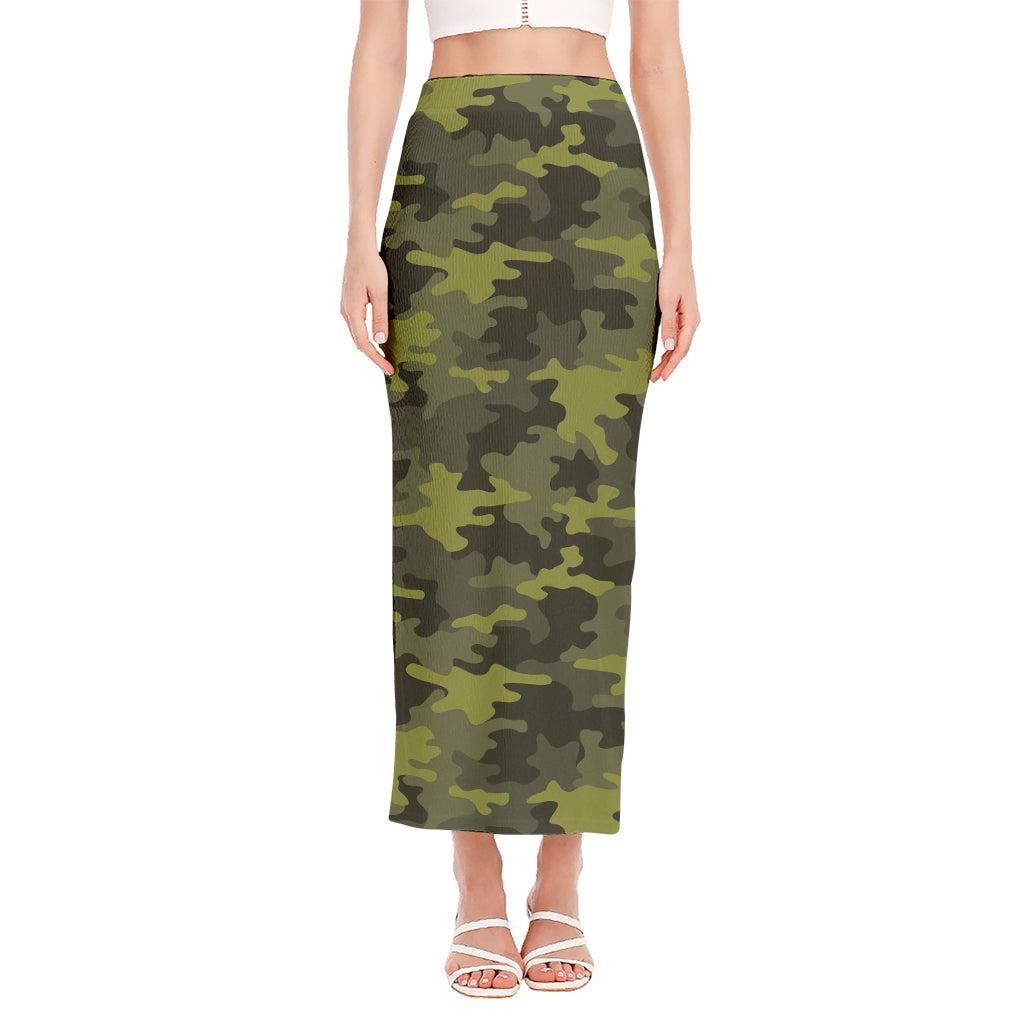 Dark Green Camouflage Print Side Slit Maxi Skirt