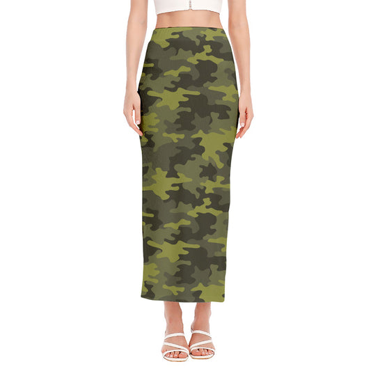 Dark Green Camouflage Print Side Slit Maxi Skirt