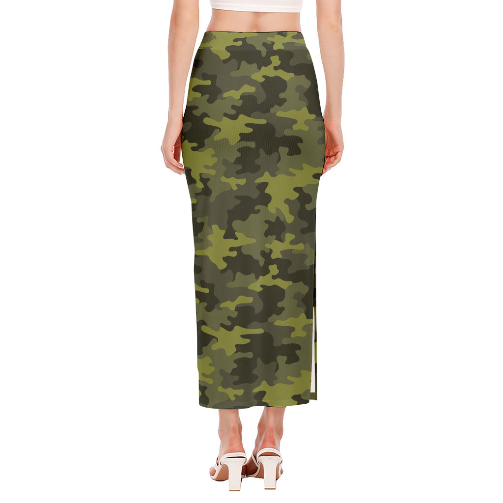 Dark Green Camouflage Print Side Slit Maxi Skirt