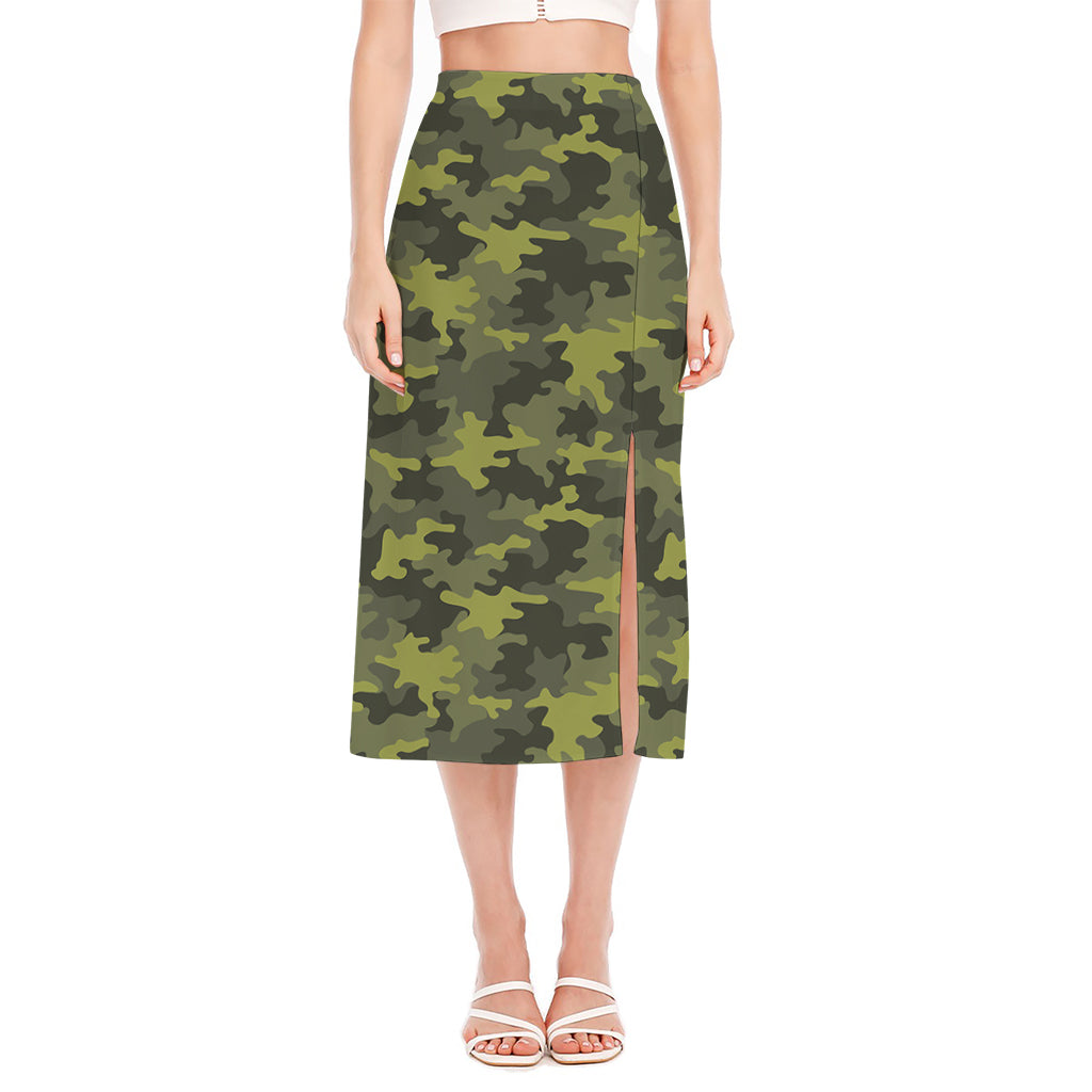 Dark Green Camouflage Print Side Slit Midi Skirt