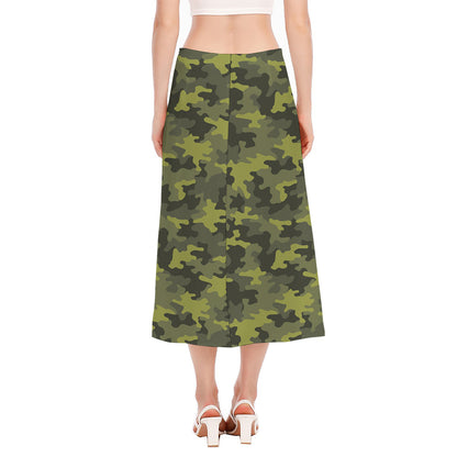 Dark Green Camouflage Print Side Slit Midi Skirt