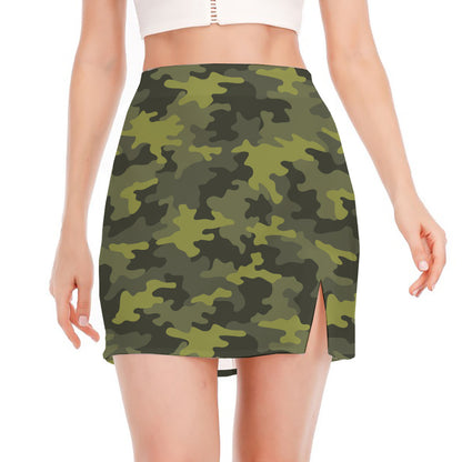 Dark Green Camouflage Print Side Slit Mini Skirt