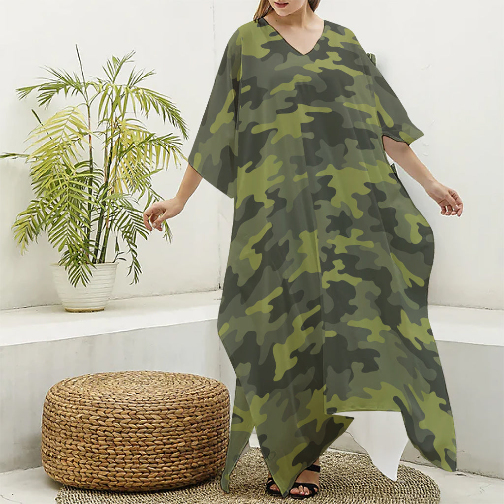 Dark Green Camouflage Print Silk V-Neck Kaftan Dress