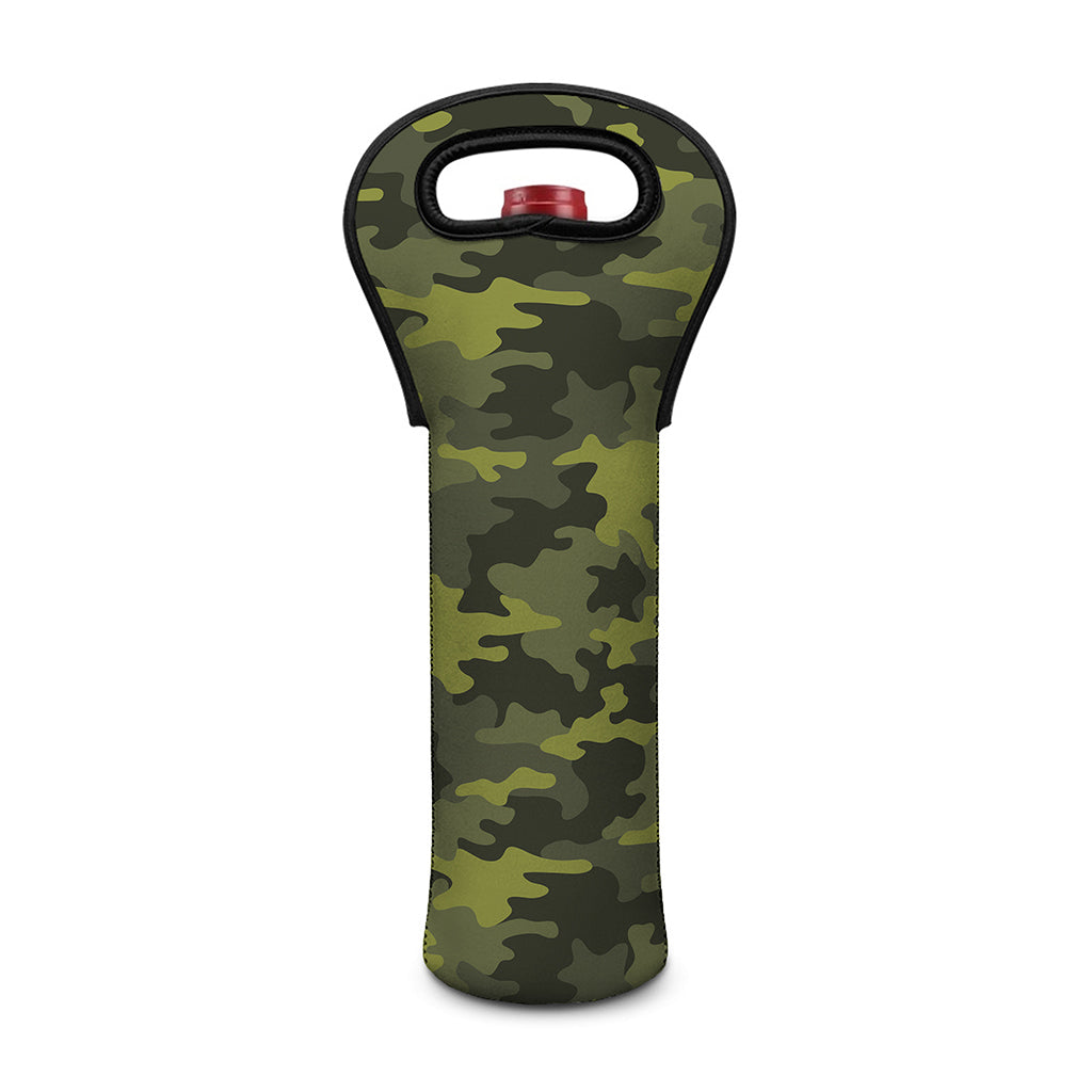 Dark Green Camouflage Print Single Neoprene Wine Tote