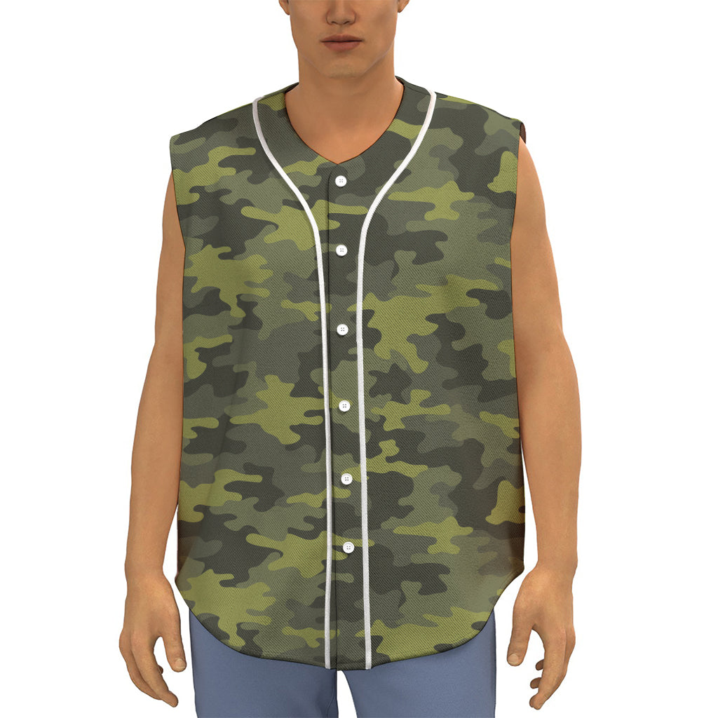 Dark Green Camouflage Print Sleeveless Baseball Jersey