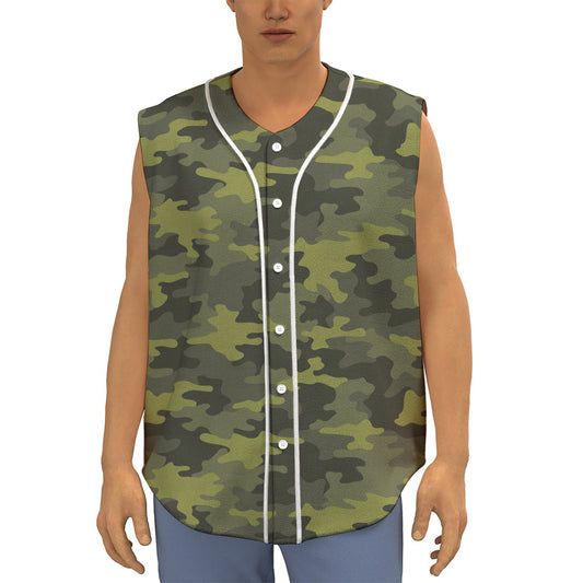 Dark Green Camouflage Print Sleeveless Baseball Jersey