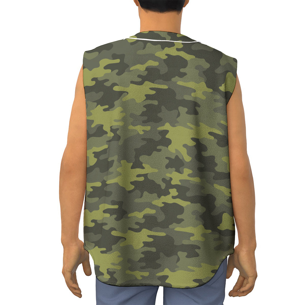 Dark Green Camouflage Print Sleeveless Baseball Jersey