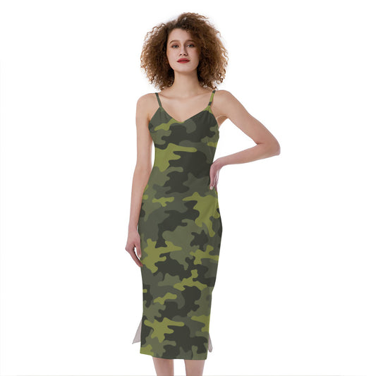 Dark Green Camouflage Print Slim Fit Midi Cami Dress