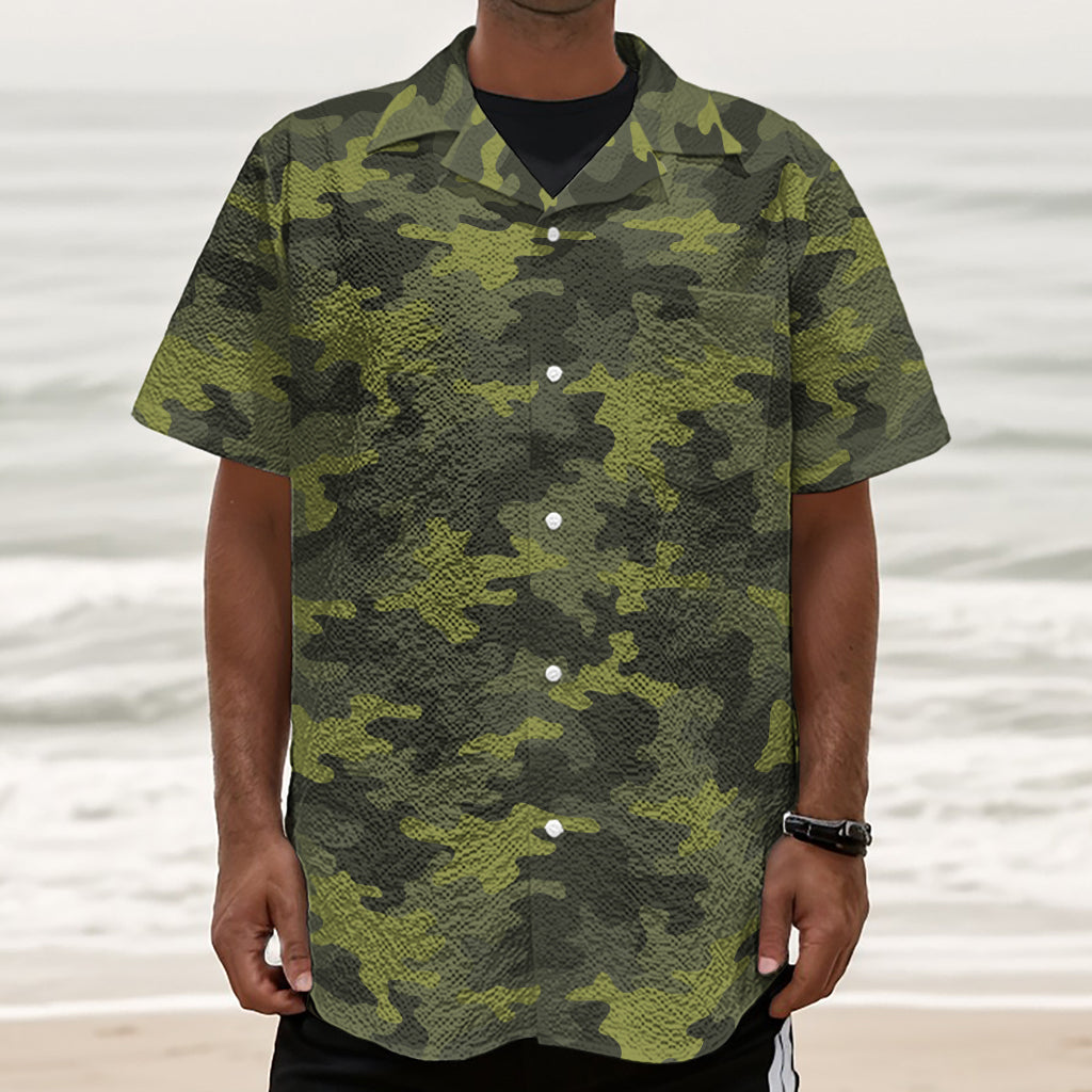 Dark Green Camouflage Print Textured Short Sleeve Shirt
