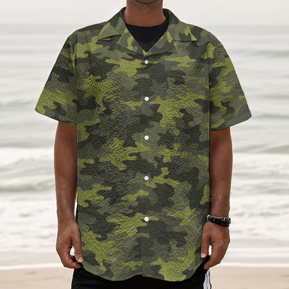Dark Green Camouflage Print Textured Short Sleeve Shirt