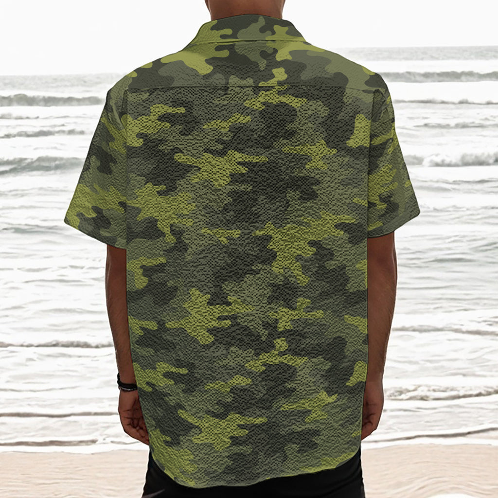 Dark Green Camouflage Print Textured Short Sleeve Shirt