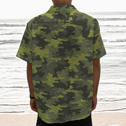 Dark Green Camouflage Print Textured Short Sleeve Shirt