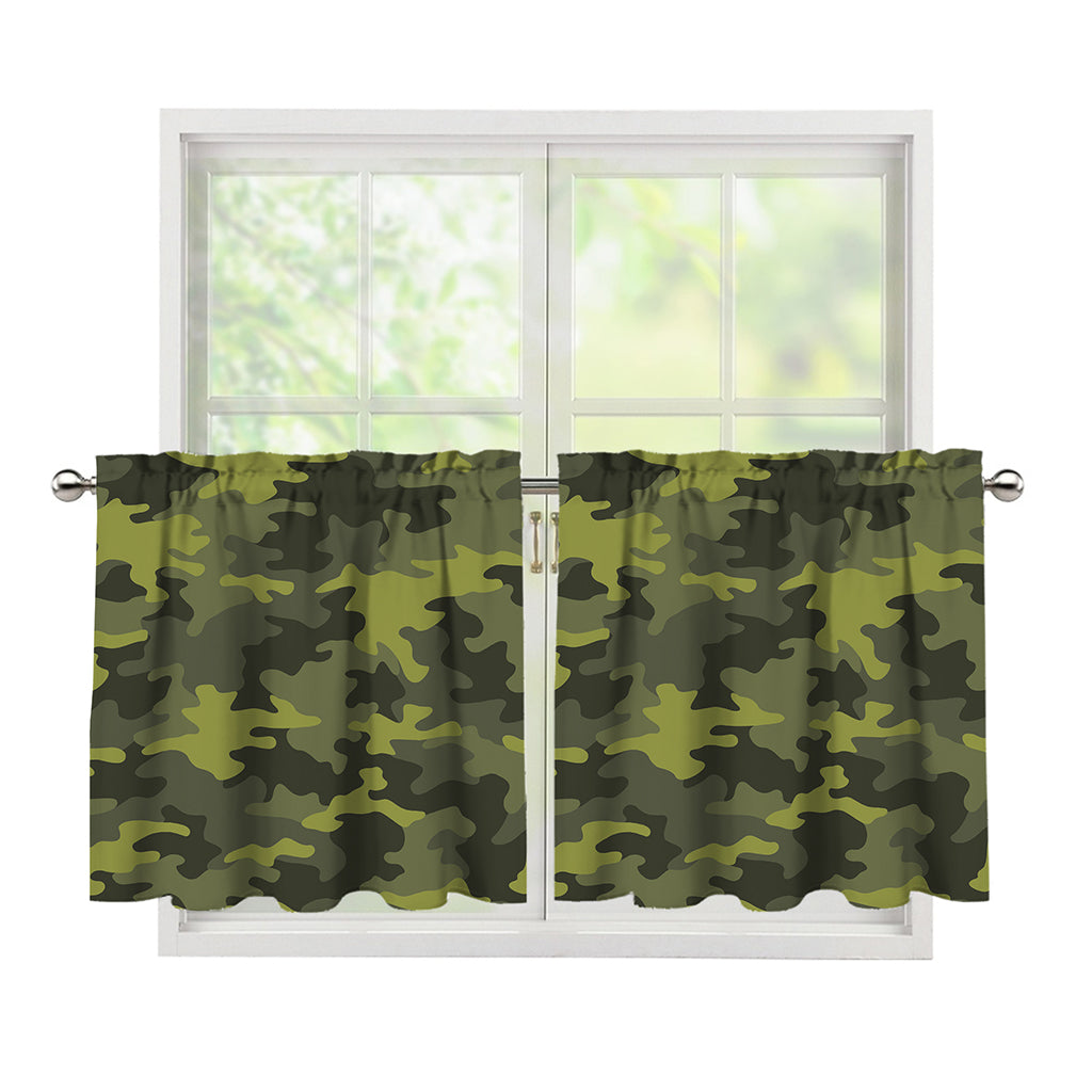Dark Green Camouflage Print Tier Curtains