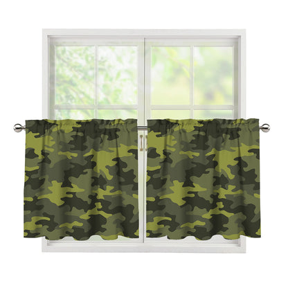 Dark Green Camouflage Print Tier Curtains
