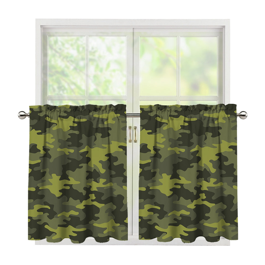 Dark Green Camouflage Print Tier Curtains
