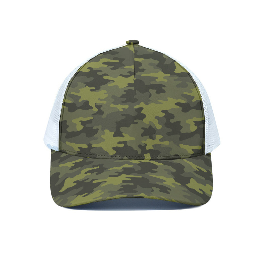 Dark Green Camouflage Print White Mesh Trucker Cap