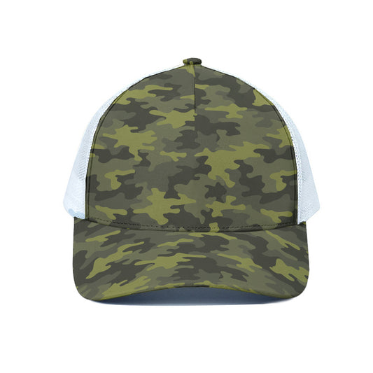 Dark Green Camouflage Print White Mesh Trucker Cap
