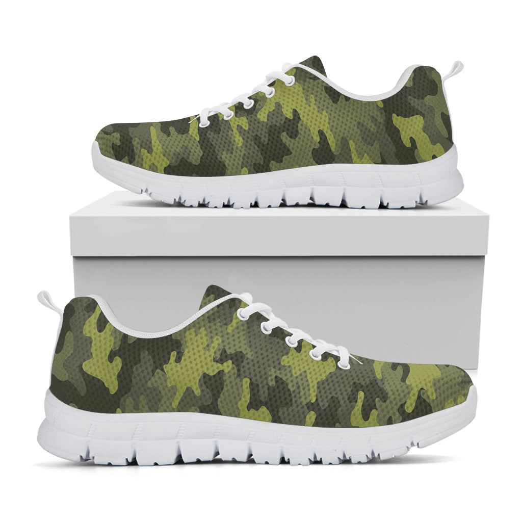 Dark Green Camouflage Print White Running Shoes