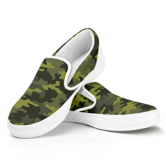Dark Green Camouflage Print White Slip On Sneakers
