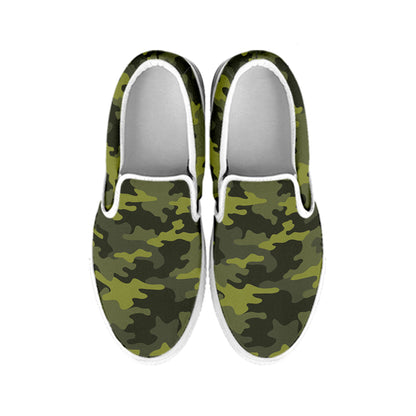 Dark Green Camouflage Print White Slip On Sneakers