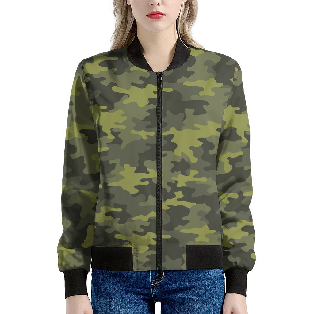 Dark Green Camouflage Print Women's Bomber Jacket