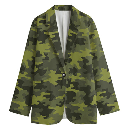 Dark Green Camouflage Print Women's Cotton Blazer
