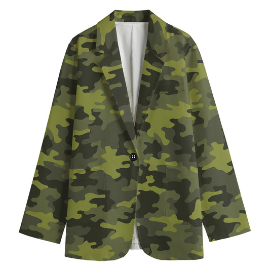 Dark Green Camouflage Print Women's Cotton Blazer