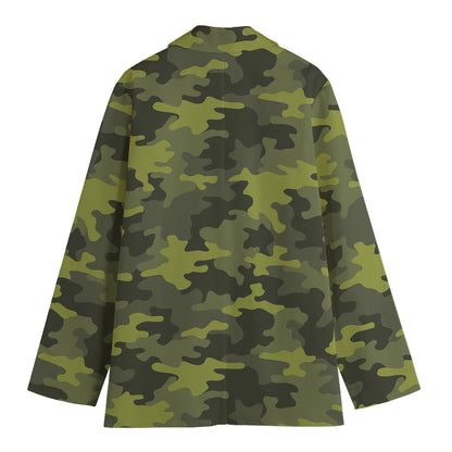 Dark Green Camouflage Print Women's Cotton Blazer