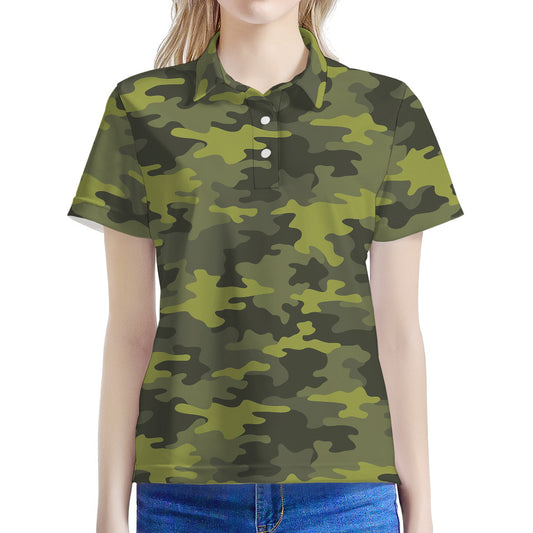Dark Green Camouflage Print Women's Polo Shirt