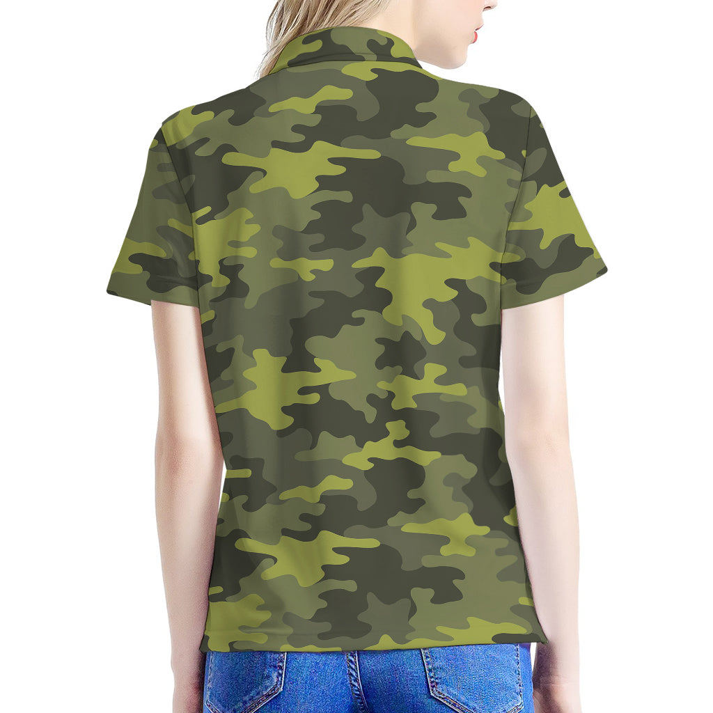 Dark Green Camouflage Print Women's Polo Shirt
