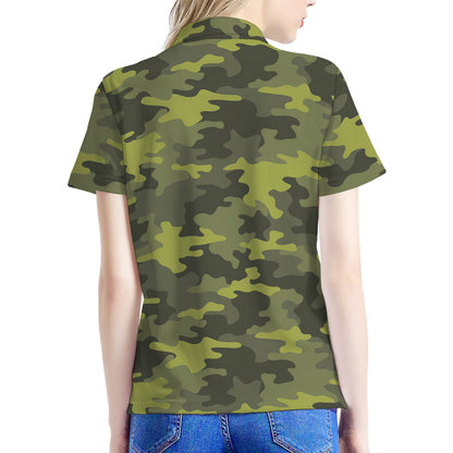 Dark Green Camouflage Print Women's Polo Shirt