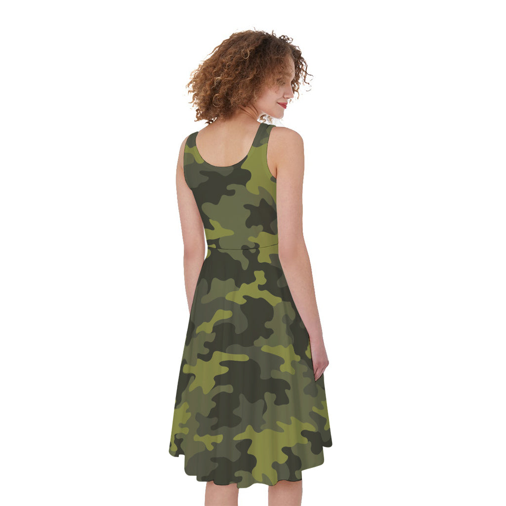 Dark Green Camouflage Print Women's Sleeveless Dress