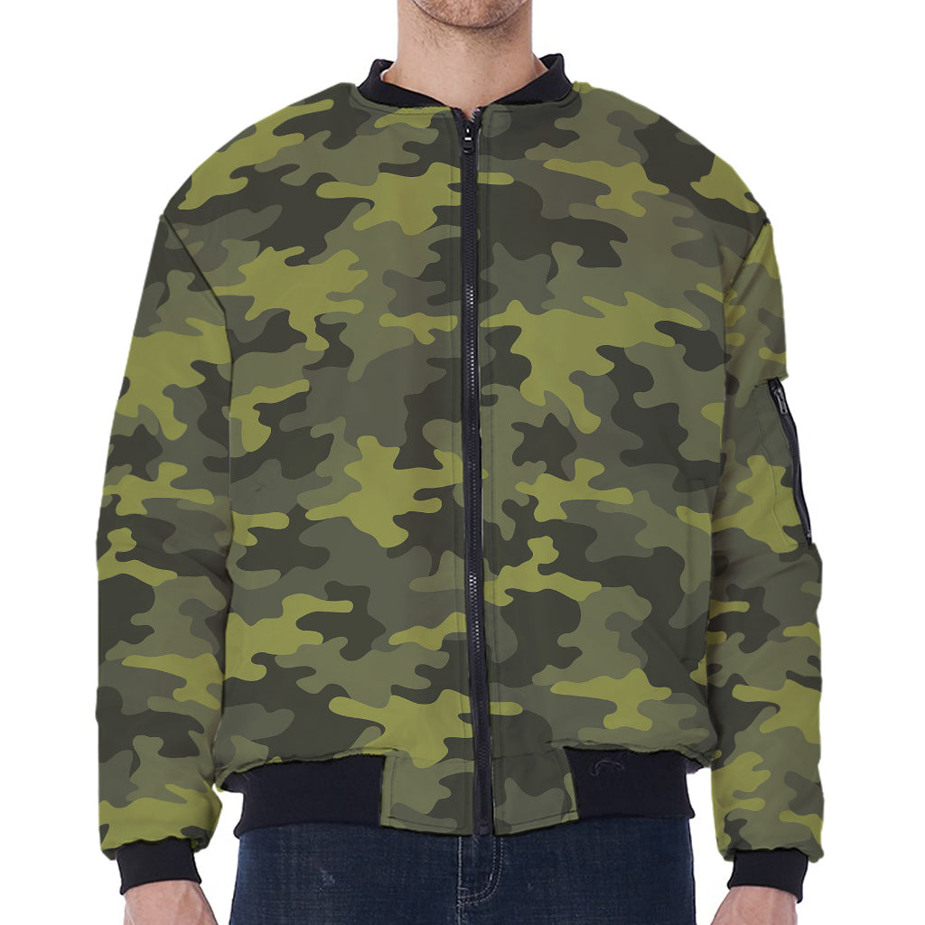 Dark Green Camouflage Print Zip Sleeve Bomber Jacket